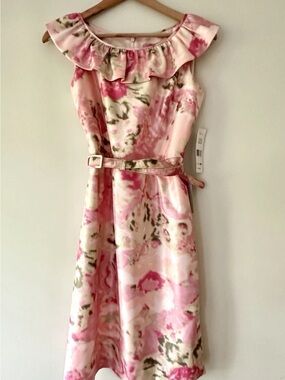 Eliza J Pink Floral Ruffle-Neck Dress with Belt NWT